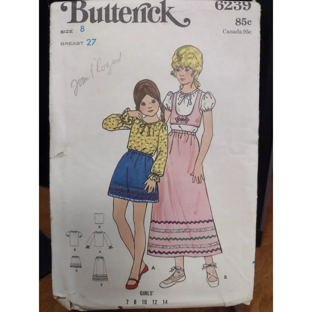 Vintage Butterick Pattern 6239 Girls' Blouse, Skirt & Vest Size 8 (1960s or 70s)